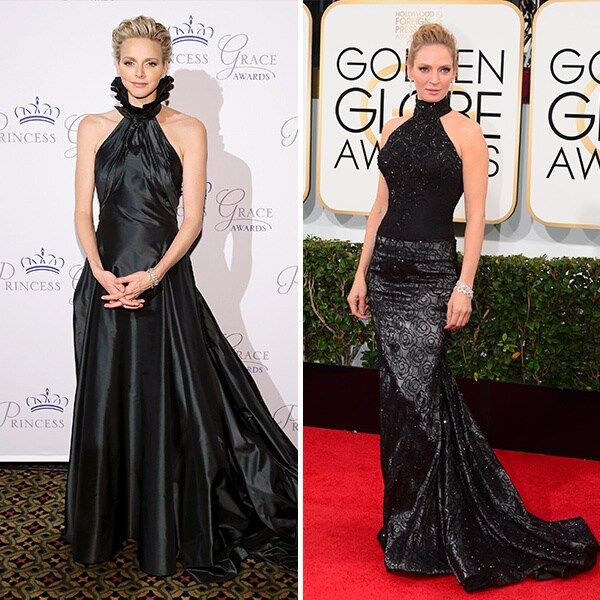 <b>Princess Charlene of Monaco and Uma Thurman</B>
<br>
With broad shoulders and long, lean physiques, these statuesque blonds definitely know how to work a halter neckline. While the Monegasque royal embraced a ruffled collar at the Princess Grace Awards Gala in 2013, the Hollywood actress opted for a sleeker finish at the 2014 Golden Globes.
<br>
<br>
Photo: Getty Images