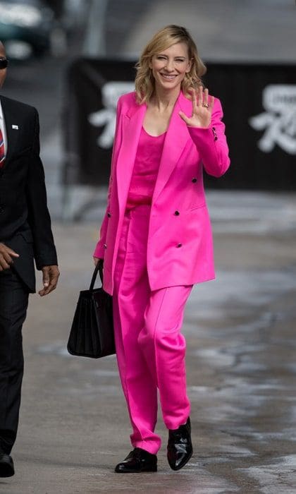 Not many people can pull off head to toe pink! But Cate Blanchett looked incredible attending 'Jimmy Kimmel Live' in a bright pink suit. <br>
Photo: Getty Images