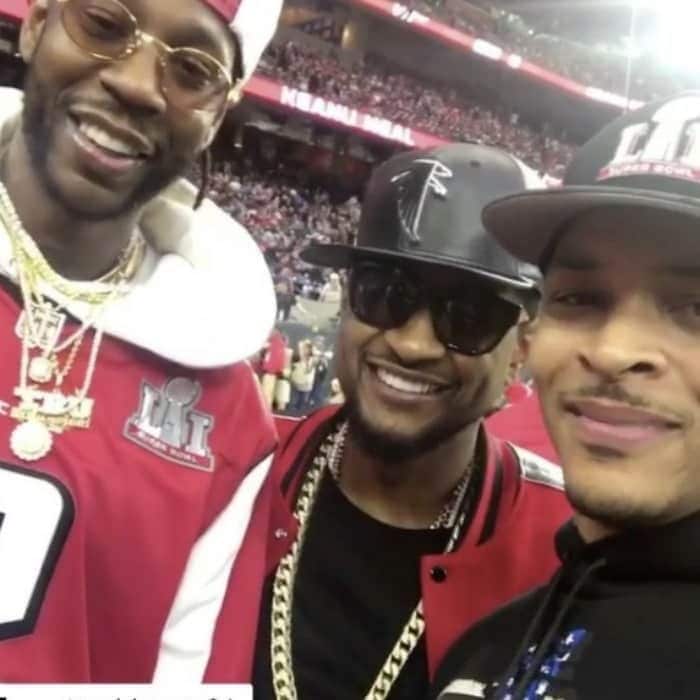 Rise Up! ATL boys 2 Chainz, Usher and T.I. showed their hometown pride on the field in Houston.
Photo: Instagram/@troubleman31