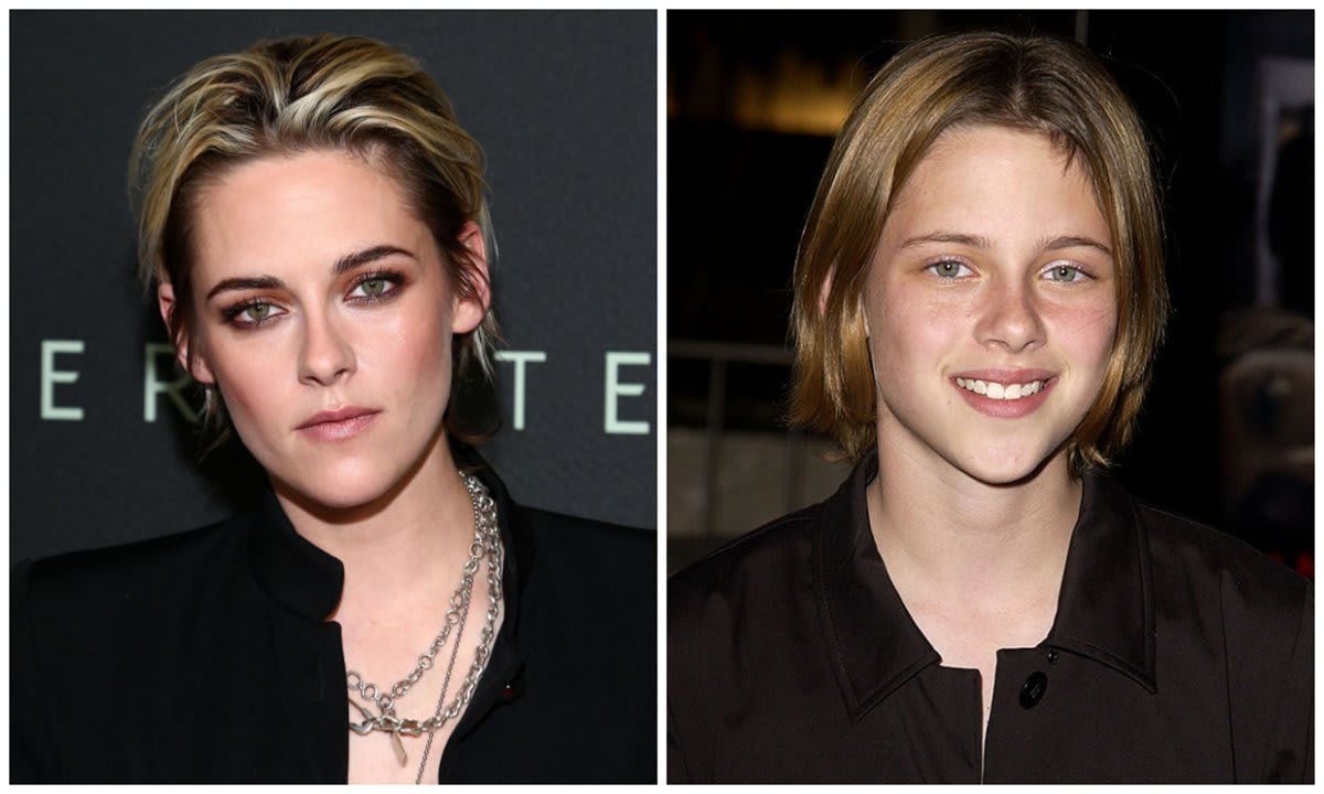 Kristen Stewart with cropped hair featuring blond highlights on the left and short strawberry blond hair on the right