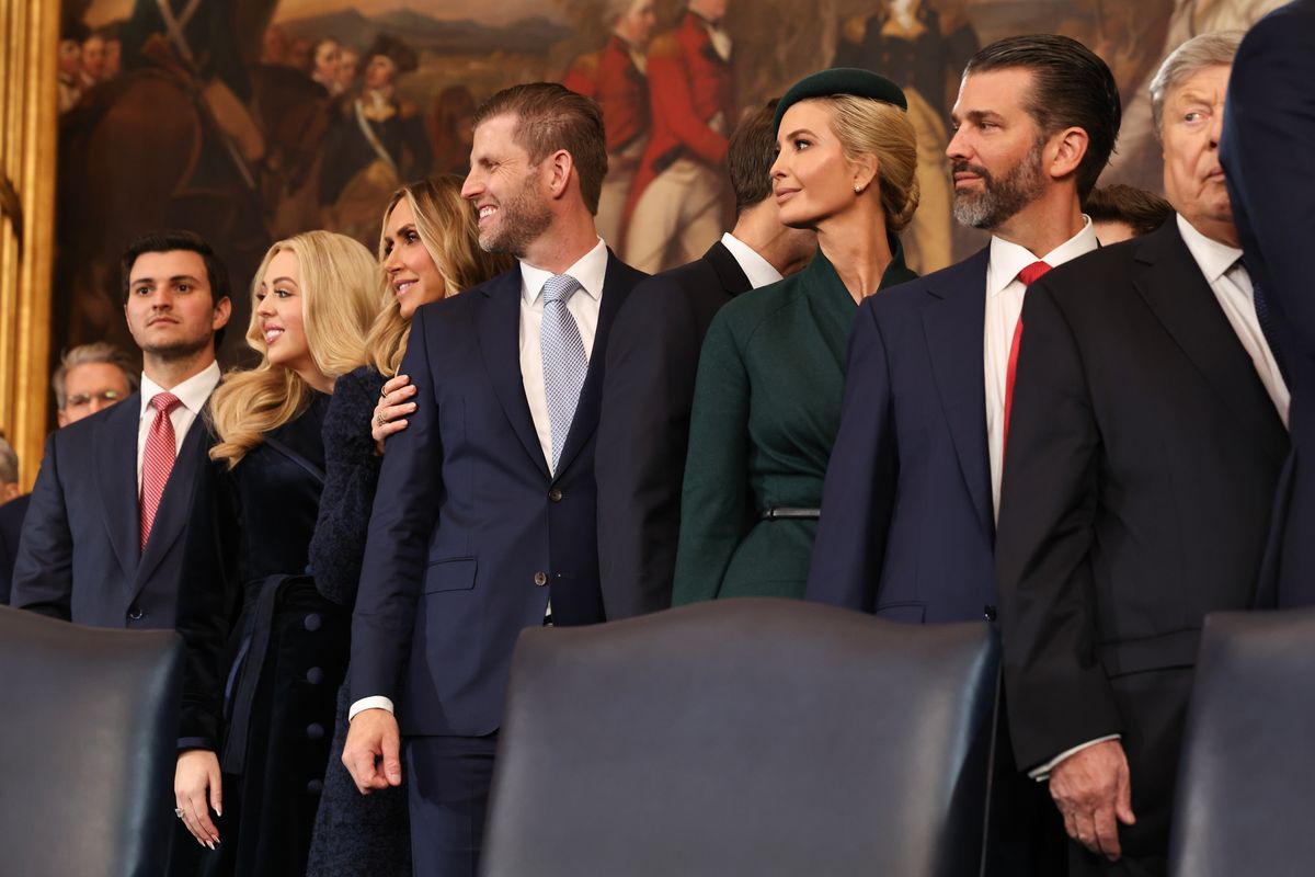 WASHINGTON, DC - JANUARY 20: (L-R) Michael Boulos, Tiffany Trump, Lara Trump, Eric Trump, Jared Kushner, Ivanka Trump and Donald Trump Jr. attend inauguration ceremonies in the Rotunda of the U.S. Capitol on January 20, 2025 in Washington, DC. Donald Trump takes office for his second term as the 47th president of the United States. (Photo by Chip Somodevilla/Getty Images)