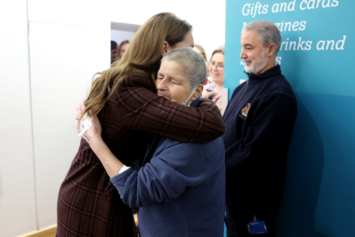 LONDON, ENGLAND - JANUARY 14: Catherine, Princess of Wales hugs Rebecca Mendelhson during a visit to The Royal Marsden Hospital on January 14, 2025 in London, England. The Prince and Princess of Wales have today become Joint Patrons of The Royal Marsden NHS Foundation Trust following a visit by Her Royal Highness to the hospitalâs Chelsea site. The Princessâ own personal cancer journey saw her receive treatment from The Royal Marsden. The Royal Marsden opened its doors in 1851 as the worldâs first hospital dedicated to cancer diagnosis, treatment, research and education. (Photo by Chris Jackson/Getty Images)