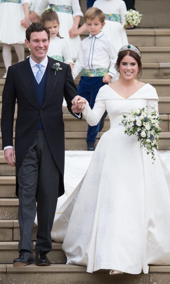 Eugenie of York wearing a gown designed by Peter Pilotto at her and Jack Brooksbank's wedding