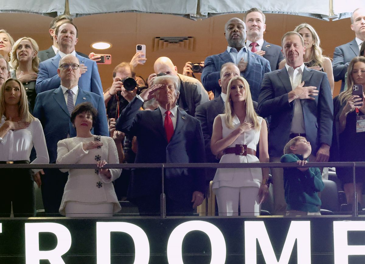 NEW ORLEANS, LOUISIANA - FEBRUARY 09: Lara Trump, Jeff Landry, Prince Albert II of Monaco, New Orleans Saints owner Gayle Benson, U.S. President Donald Trump, Ivanka Trump, Sen. Tim Scott (R-SC), Michael Waltz and Eric Schmitt stand for the National Anthem during the Super Bowl LIX Pregame at Caesars Superdome on February 09, 2025 in New Orleans, Louisiana.  (Photo by Kevin Mazur/Getty Images for Roc Nation)