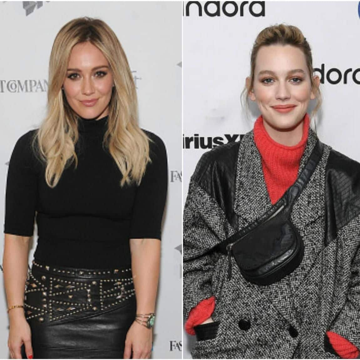 Side-by-side photos of Hilary Duff wearing an all-black outfit with long semi-wavy hair and Victoria Pedretti wearing a gray jacket and her hair pulled back in a bun.