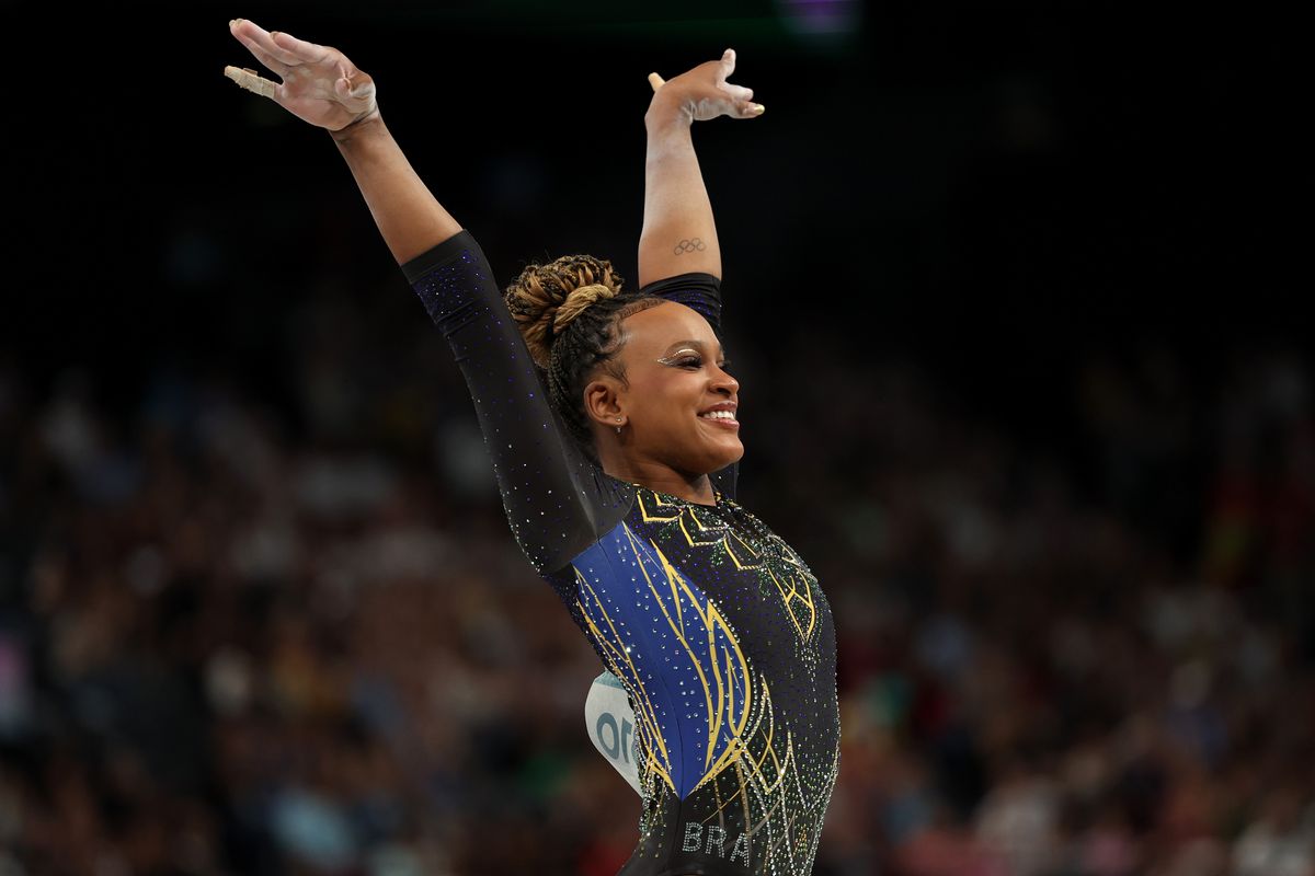 Rebeca Andrade of Team Brazil celebrates after her routine on the vault during the Artistic Gymnastics Women's Qualification on day two of the Olympic Games Paris 2024 at Bercy Arena on July 28, 2024, in Paris, France. (Photo by Jamie Squire/Getty Images)