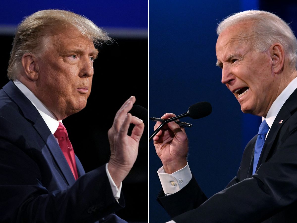 This combination of pictures, taken on October 22, 2020, shows US President Donald Trump (L) and Democratic Presidential candidate and former US Vice President Joe Biden during the final presidential debate at Belmont University in Nashville, Tennessee. 