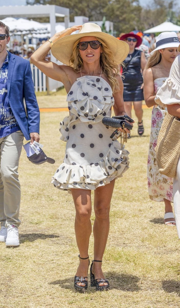 Elsa Pataky poses in a polka dot dress at the 2025 Magic Millions Polo event on Australia's Gold Coas