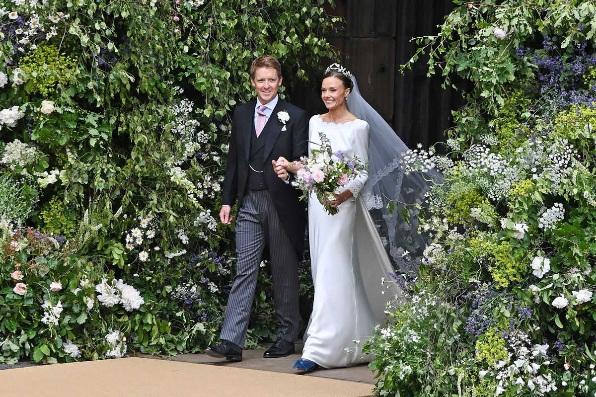 LONDON, ENGLAND - JUNE 07: Hugh Grosvenor, 7th Duke of Westminster and Olivia Henson depart their wedding at Chester Cathedral on June 7, 2024 in Chester, England. (Photo by Alan Chapman/Dave Benett/Getty Images)