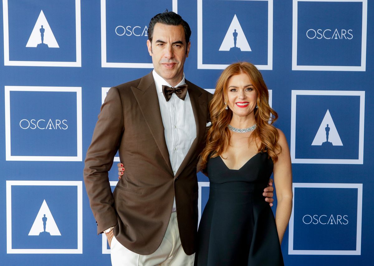 Sacha Baron Cohen (L) and Isla Fisher attend a screening of the Oscars on Monday, April 26, 2021 in Sydney, Australia. (Photo by Rick Rycroft-Pool/Getty Images)