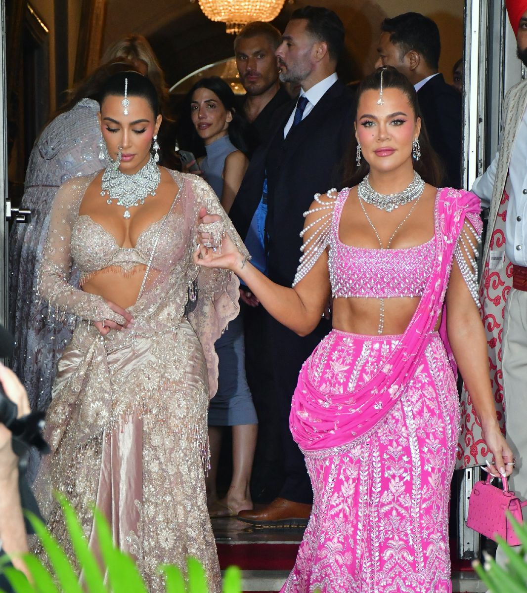 Kim Kardashian and Khloe Kardashian are seen leaving their hotel on July 13, 2024 in Mumbai, India. (Photo by MEGA/GC Images)