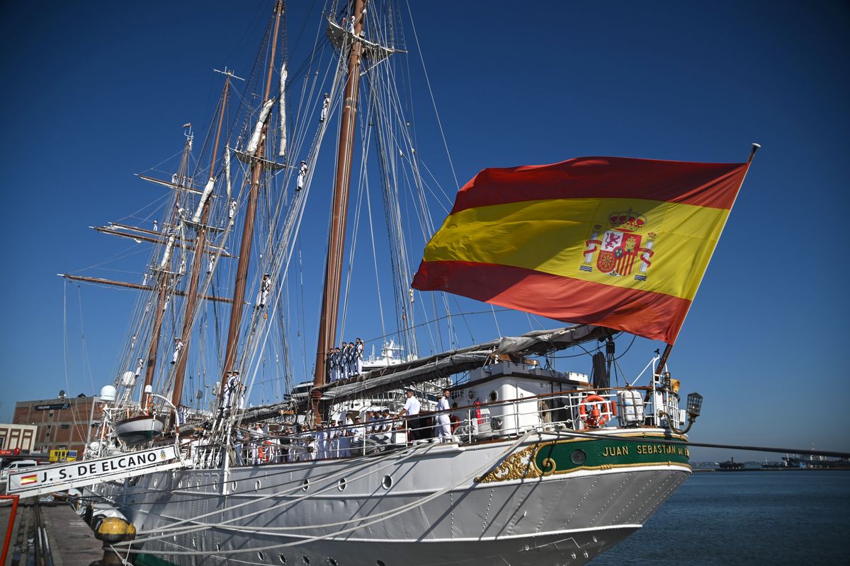 Princess Leonor's training companions of the Spanish Navy attend a ceremony after arriving as part of the trip onboard the "Juan Sebastián de Elcano" ship at Montevideo Port on March 05, 2025 in Montevideo, Uruguay. Princess Leonor continues her military training on the ship "Juan Sebastián de Elcano" as part of a 3-year training. The princess boarded alongside her fellow midshipmen last January 11 on a trip that will take her to many cities in Latin America before arriving to the US. 