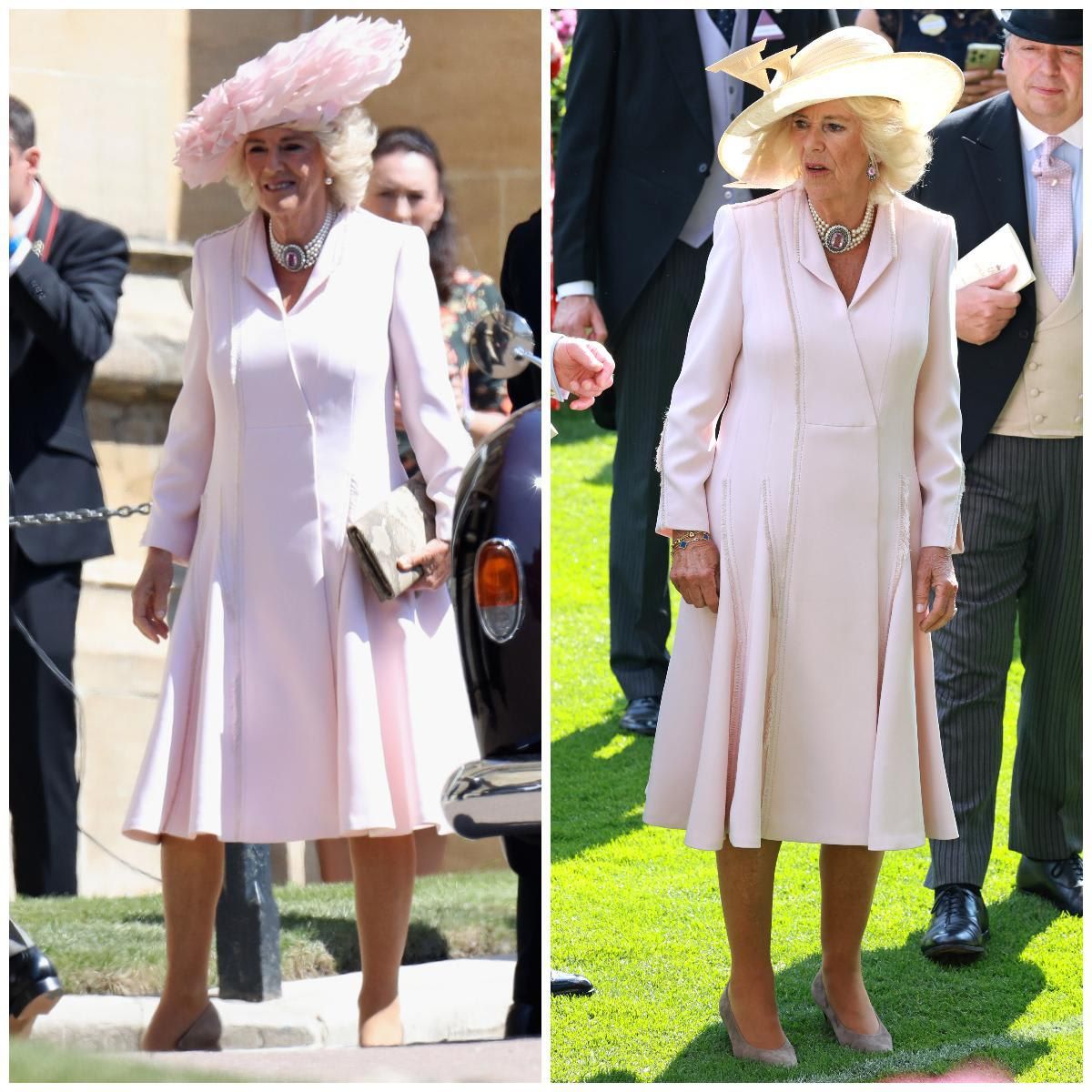 Queen Camilla recycled the outfit she wore to Meghan and Harry's wedding (left) to Royal Ascot 2023 (right)