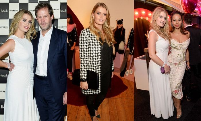 Lady Kitty Spencer stepped out with beau Niccolo Brattier for the Serpentine Future Contemporaries x Harrods Party (left). The niece of the late Princess Diana looked chic in black and white attending the Charlotte Simone presentation (center). Kitty showed off her enviable curves in a white gown while posing with the Viscountess of Weymouth Emma McQuiston at The Naked Heart Foundation's Fabulous Fund Fair.
<br>
Photos: Getty Images for Harrods/Getty Images/Getty Images for The Naked Heart Foundation