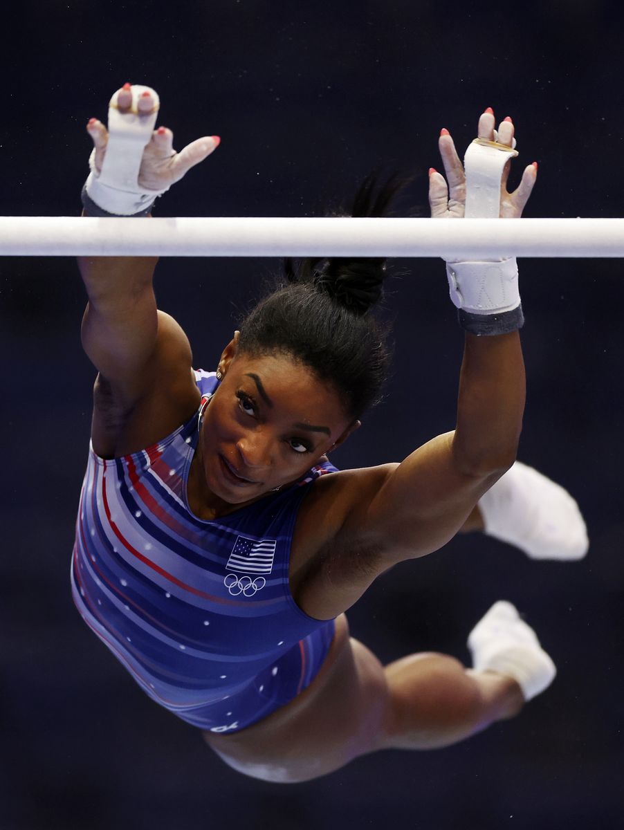 Simone Biles practices ahead of the 2024 U.S. Olympic Team Gymnastics Trials at Target Center on June 26, 2024 in Minneapolis, Minnesota. 
