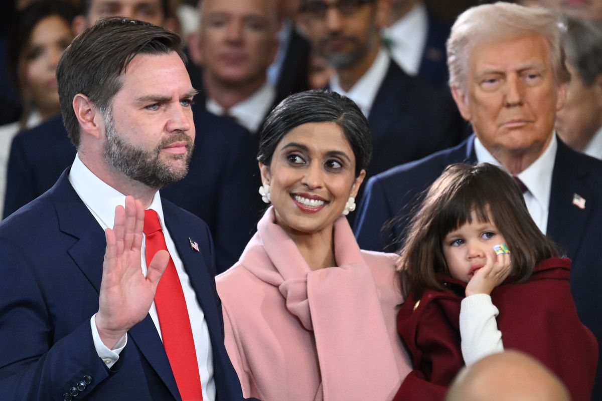 J.D. Vance is sworn in as U.S. vice president as his wife Usha Vance and family and President Donald Trump look on in the U.S. Capitol Rotunda on January 20, 2025 in Washington