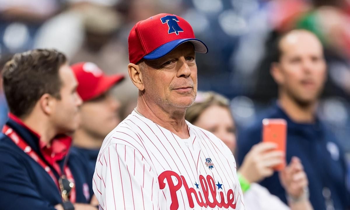 Bruce Willis Throws Ceremonial Pitch At Milwaukee Brewers v Philadelphia Phillies Game