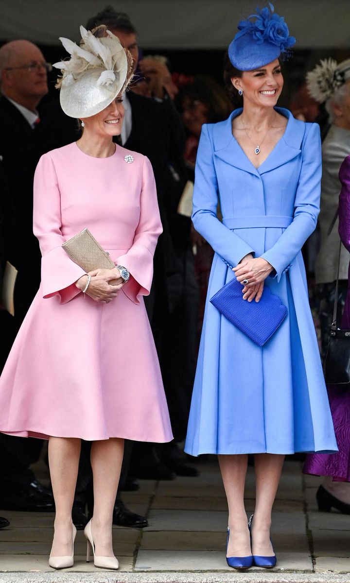 The Duchess of Cambridge looked radiant in a blue coat dress by her wedding designer, Alexander McQueen. Meanwhile, the Countess of Wessex opted for a pretty pink number.