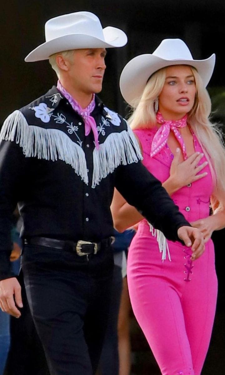 Ryan Gosling and Margot Robbie on the set of "Barbie"