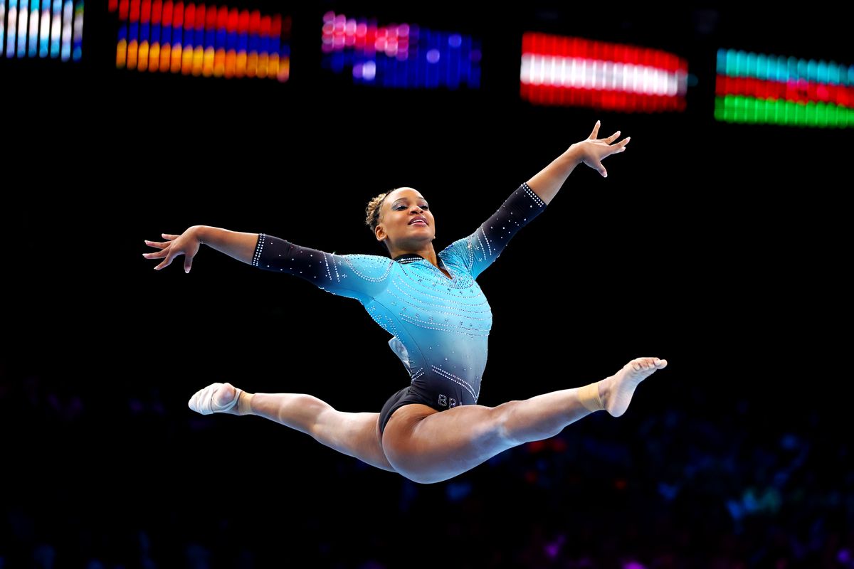 Rebeca Andrade of Team Brazil competes on Floor Exercise during the Women's All-Around Final on Day Seven of the 2023 Artistic Gymnastics World Championships at Antwerp Sportpaleis on October 06, 2023, in Antwerp, Belgium.