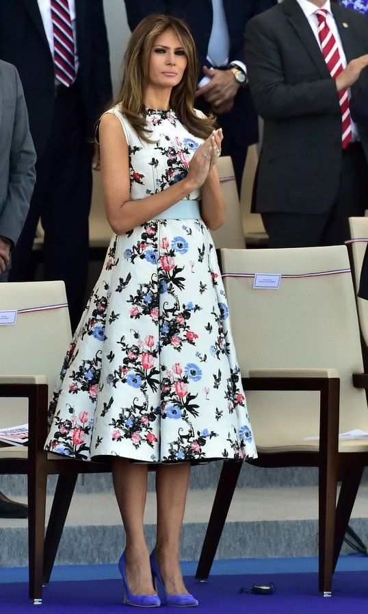 On July 14, 2017, Melania Trump wore a 1950s style summer dress by Valentino for the annual Bastille Day military parade on the Avenue des Champs-Elysees in Paris.
Photo: Getty Images