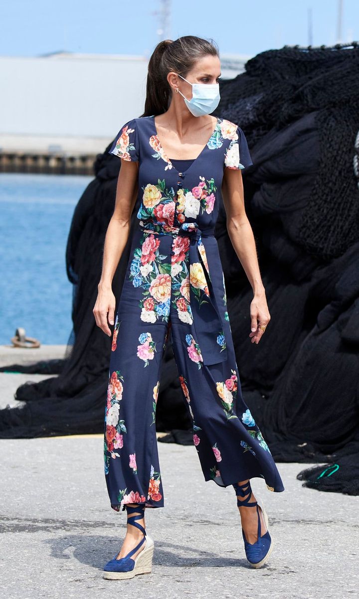 Queen Letizia made a floral statement recycling her Uterque jumpsuit, which features short sleeves and culotte-style legs, for her visit to Cantabria.