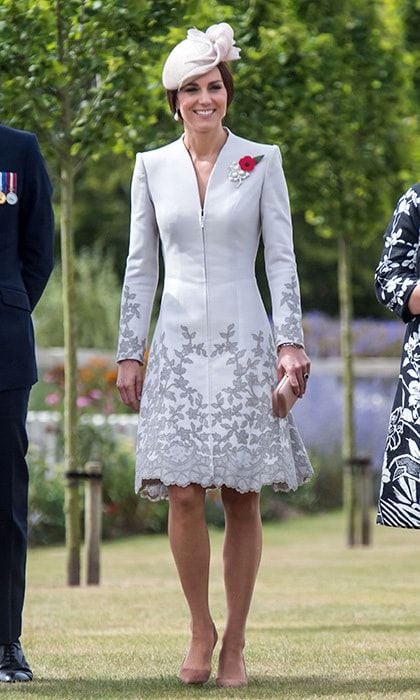 On day two of her visit to Belgium on July 31, 2017 the Duchess of Cambridge wore a pale zip front Venetian wool Catherine Walker coat dress with applique cuffs and hem.
Photo: Getty Images