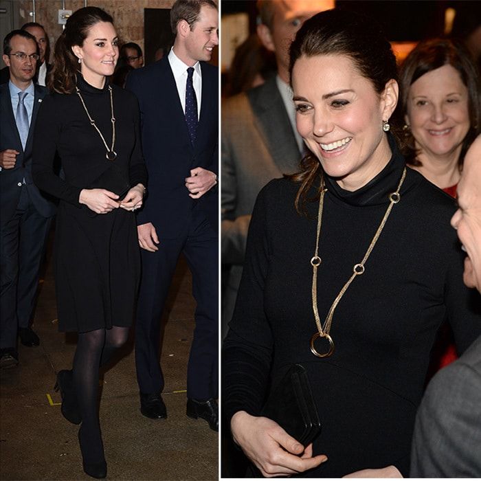 Another early Seraphine moment was in New York City back in December 2014, when the Duchess wore the 'Vanessa' black turtleneck maternity dress and a statement necklace by Cartier while pregnant with Princess Charlotte.
Photo: Kevin Mazur/Getty ImagesPOOL/Getty Images