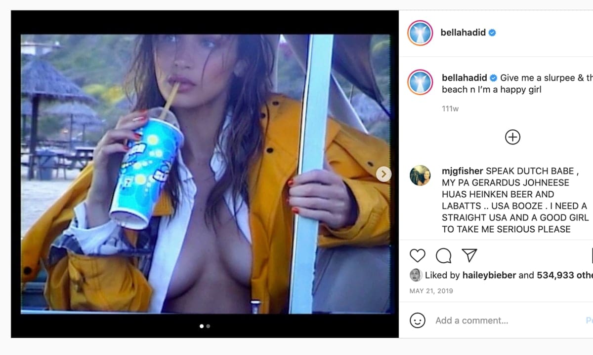 Bella Hadid drinking a slurpee