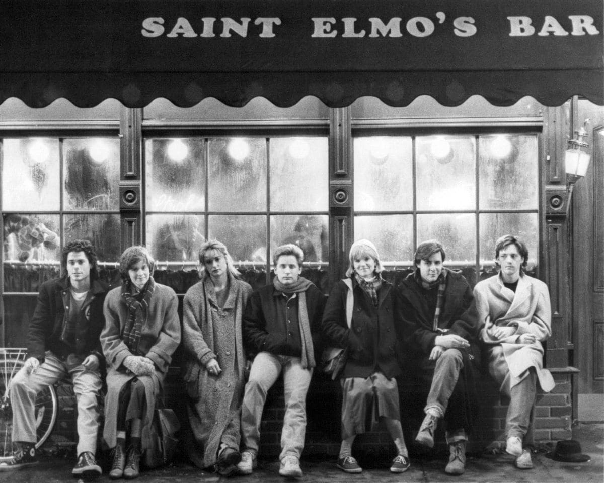 The cast of 'St. Elmo's Fire', directed by Joel Schumacher, 1985. Left to right: Rob Lowe, Ally Sheedy, Demi Moore, Emilio Estevez, Mare Winningham, Judd Nelson and Andrew McCarthy. 