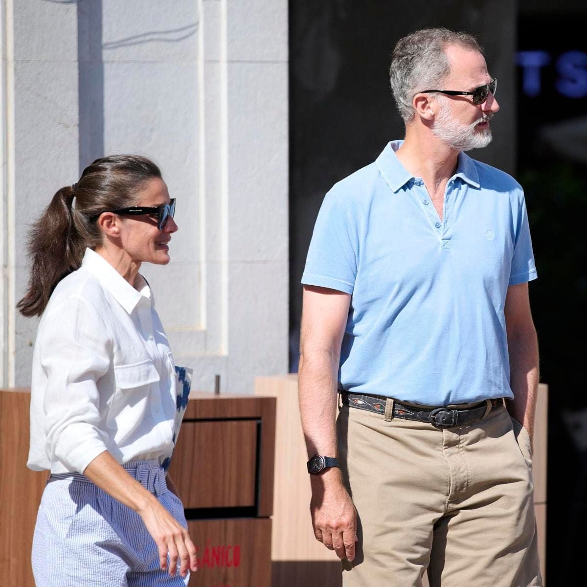 Like his wife, King Felipe was dressed down in shorts, which he teamed with a blue polo.