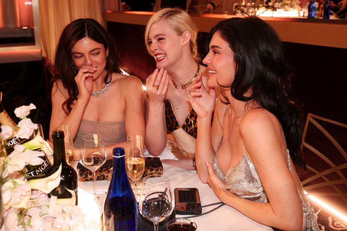 Monica Barbaro, Elle Fanning, Kylie Jenner during the 82nd Annual Golden Globes held at The Beverly Hilton on January 05, 2025 in Beverly Hills, California. (Photo by Christopher Polk/GG2025/Penske Media via Getty Images)