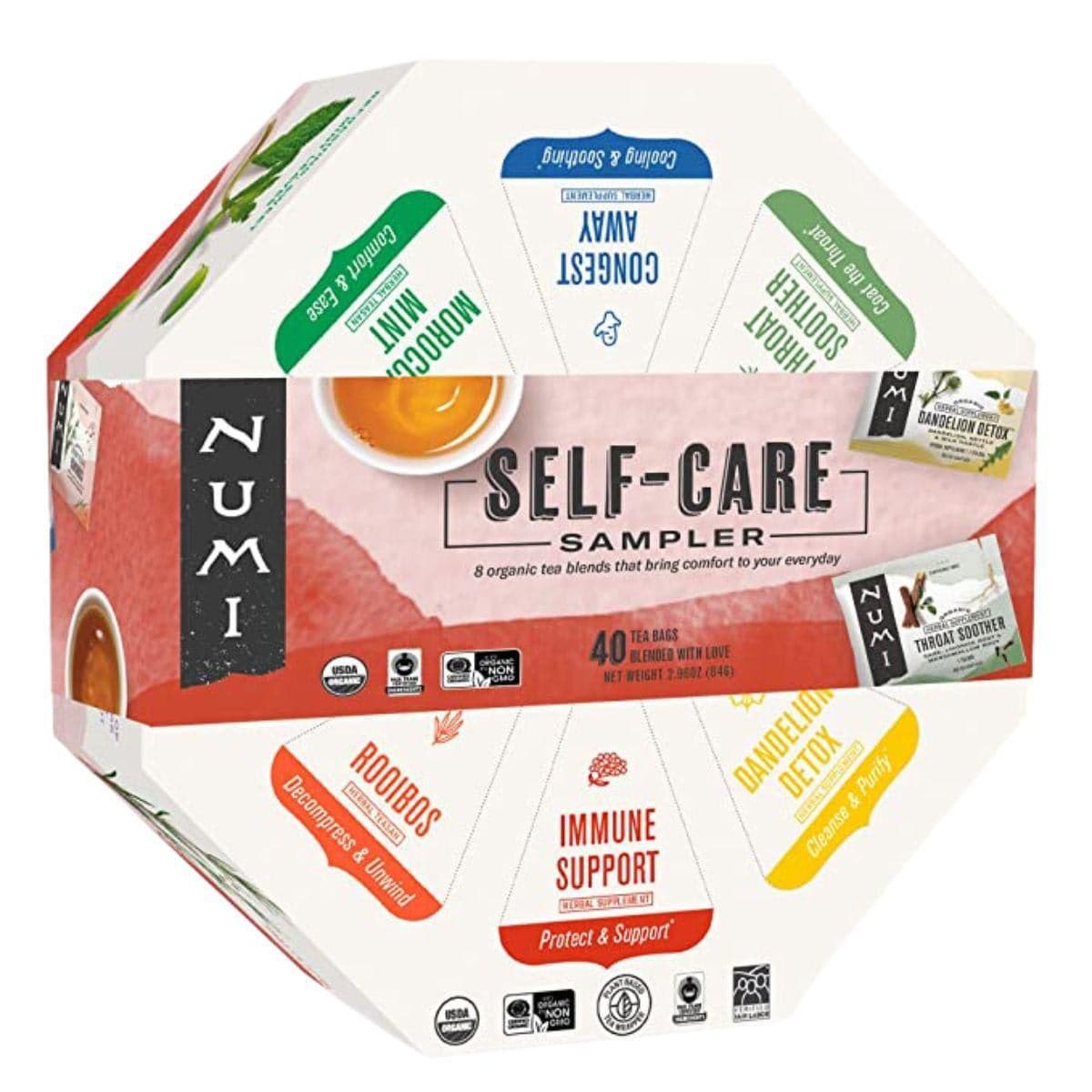 Numi Organic Tea Self-Care Sampler, Herbal Tea Gift Set, 40 Tea Bags Assortment