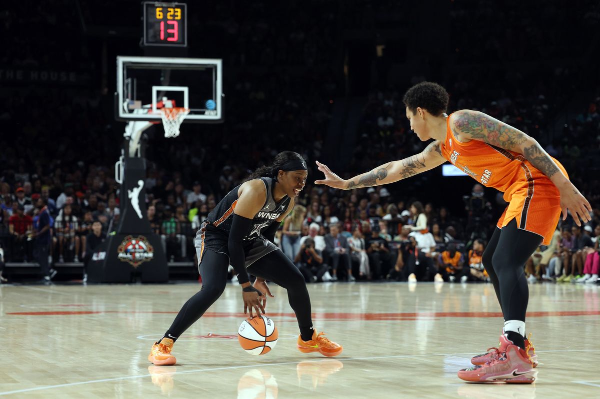 Arike Ogunbowale #24 of Team Wilson controls the ball as Brittney Griner #42 of Team Stewart defends during the 2023 WNBA All-Star game at Michelob ULTRA Arena on July 15, 2023, in Las Vegas, Nevada. 