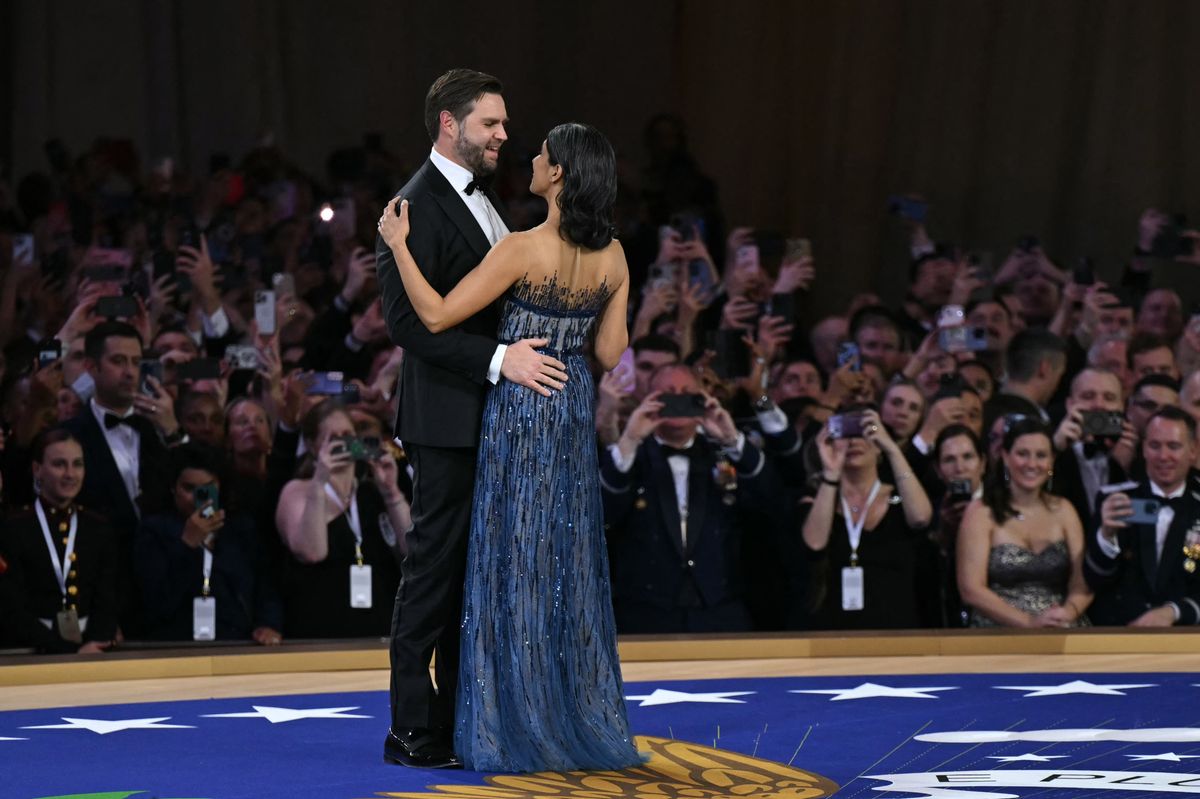 US Vice President J.D. Vance and his wife Usha Vance dance to The Battle Hymn of the Republic during the Commander-In-Chief inaugural ball 