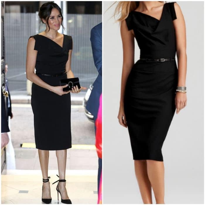 Exactly a month before she becomes Prince Harry's wife, Meghan Markle stepped out in the Black Halo Jackie O dress, that costs $375, to the Women's Empowerment reception held at the Royal Aeronautical Society in London.
The soon-to-be-royal accessorized the black asymmetrical dress with another pair of black stilettos, this time Aquazzura Milano suede heels with a tie and a Gucci clutch. To complete the look, she wore her 18-karat white gold and diamond earrings from Canadian jeweler Birks.
Photo: Getty Images, Bloomingdale's