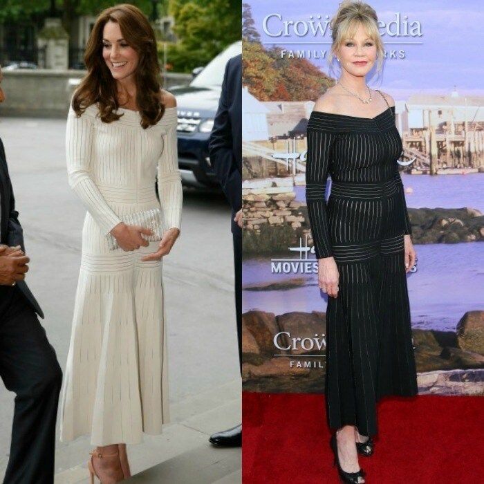 <b>Kate Middleton and Melanie Griffith</b>
<br>
Weeks after the Duchess wowed in an off-the-shoulder midi dress by Barbara Casasola for the Art Fund Museum of the Year Award held at the Natural History Museum, Melanie donned the same dress in another shade across the pond for a Hallmark Channel TCA event. While Kate wore her glossy locks down with the frock, the Hollywood actress opted for an elegant updo.
<br>
Photos: Getty Images