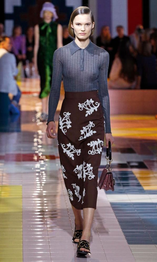 Prada runway look with gray knit polo sweater