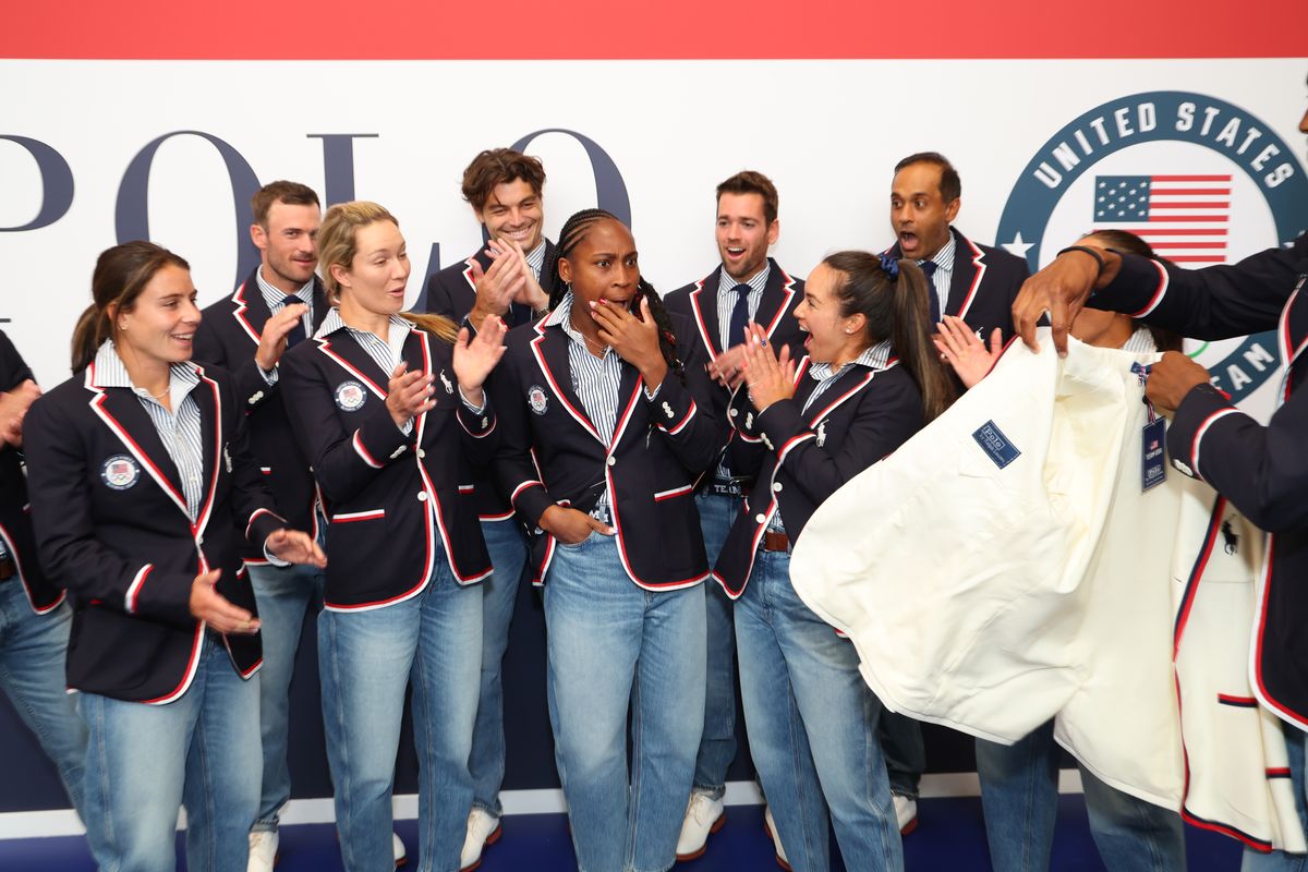  U.S. Olympians Marcos Giron, Emma Navarro, Tommy Paul, Danielle Collins, Taylor Harry Fritz, Coco Gauff, Desirae Krajczyk, Rajeev Ram, Jessica Pegula, and Christopher Eubanks celebrate the announcement of Coco Gauff as the US Flag Bearer at the Team USA Welcome Experience ahead of Paris 2024 on July 23, 2024, in Paris, France.  