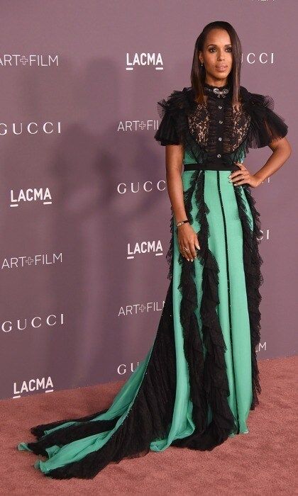 Kerry Washington was far from "scandalous" at the 2017 Art + Film gala, which honored Mark Bradford and George Lucas at LACMA. The actress rocked a long Gucci number that featured frilled accents. She wore her hair down and accessorized with stunning jewelry by Neil Lane.
Photo: Kevin Winter/Getty Images