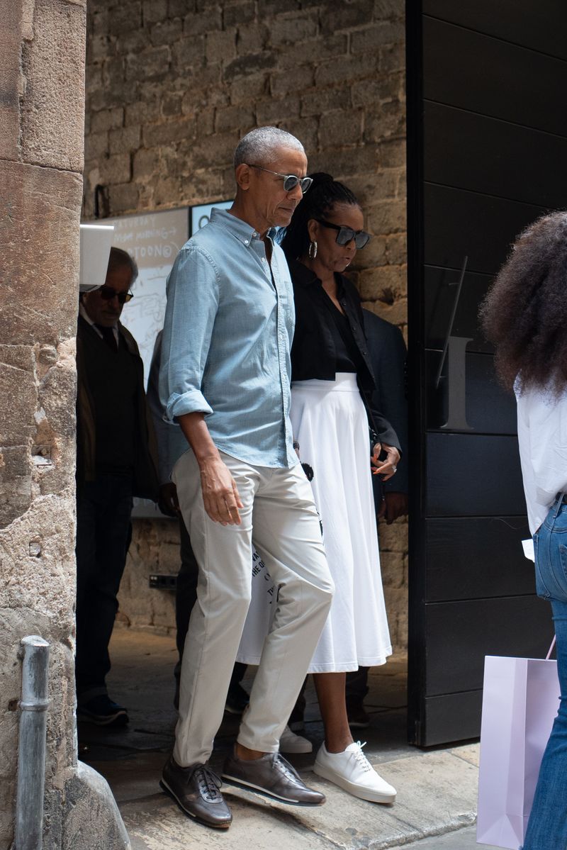 Former U.S. President Barack Obama and former first lady Michelle Obama as they leave the Moco Museum on April 28, 2023 in Barcelona, Catalonia, Spain. Barack Obama and his wife, Michelle Obama, landed last night in Barcelona to attend the Bruce Springsteen concert. Obama visits Barcelona, but tomorrow, April 29th, he leaves Barcelona to attend a series of European conferences starting in Zurich (Germany). The former first lady will stay one more day, according to sources familiar with the agenda. (Photo By David Zorrakino/Europa Press via Getty Images)