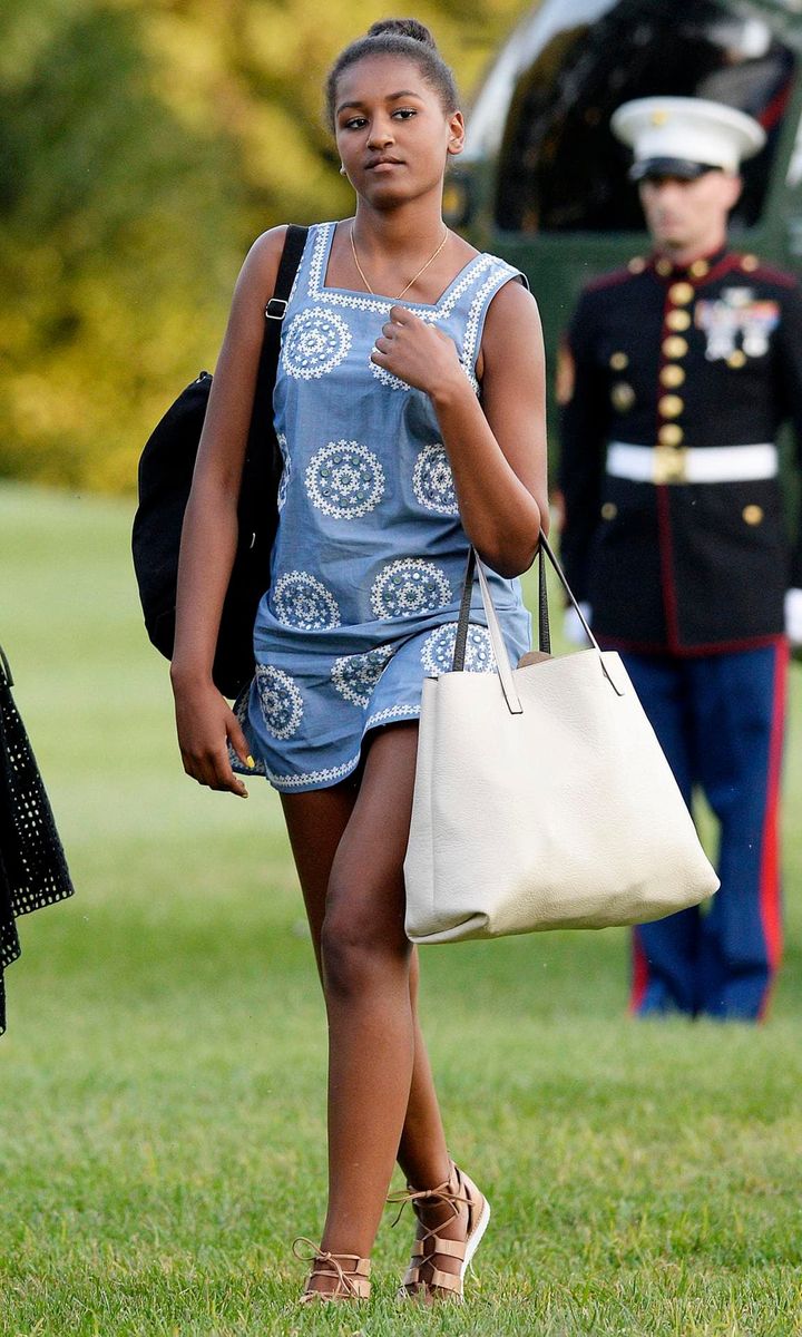 Sasha Obama blue denim embroidered dress, lace up sandals, white tote bag