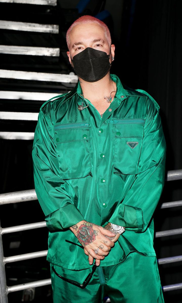 J Balvin, dressed in Prada, masked up backstage. The Colombian singer closed out the show with some of his biggest songs, including "Mi Gente," "Reggaeton" and "I Like It."