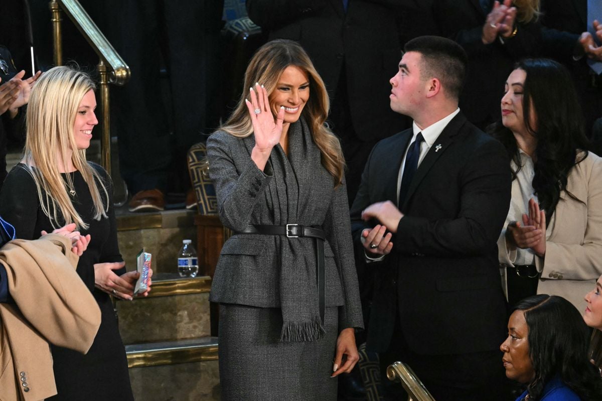 Melania Trump arrives ahead of US President Donald Trump's address to a joint session of Congress in the House Chamber of the US Capitol     