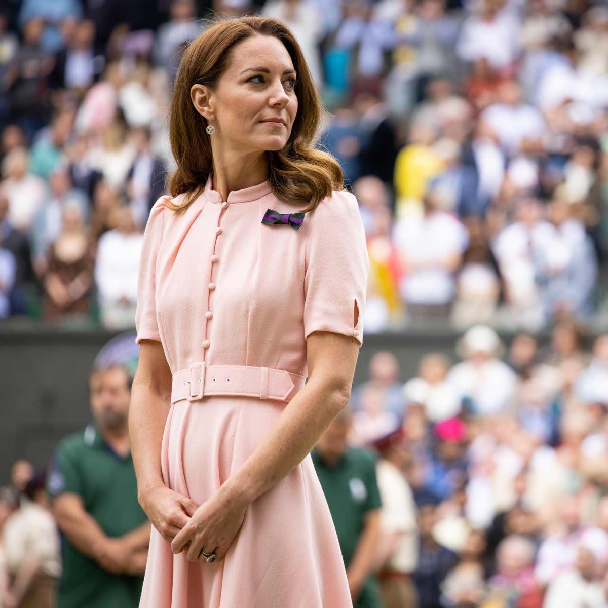 Princess Charlotte's mother looked pretty in a pink dress by Beulah London for the final day of Wimbledon this year.