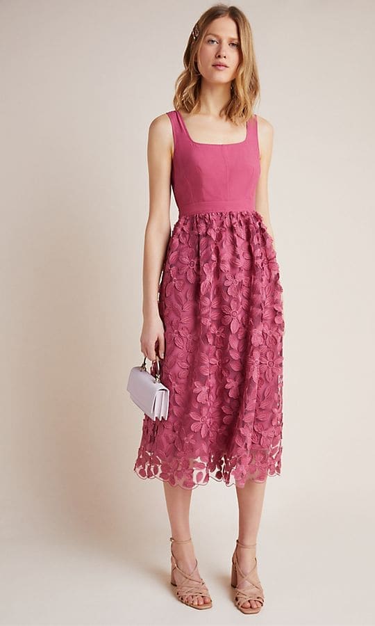 Pink dress with a lace skirt and square neckline