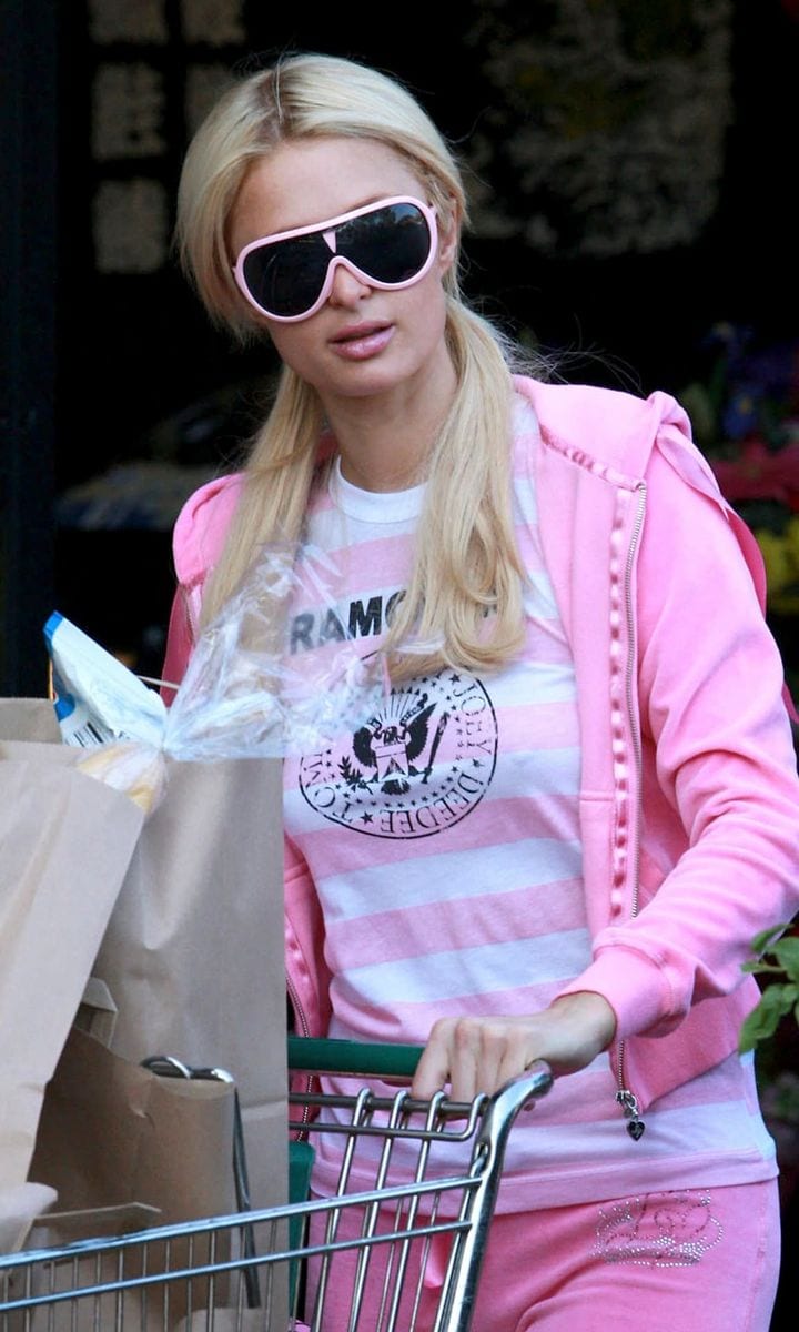 Paris Hilton wearing a pink Ramones t-shirt