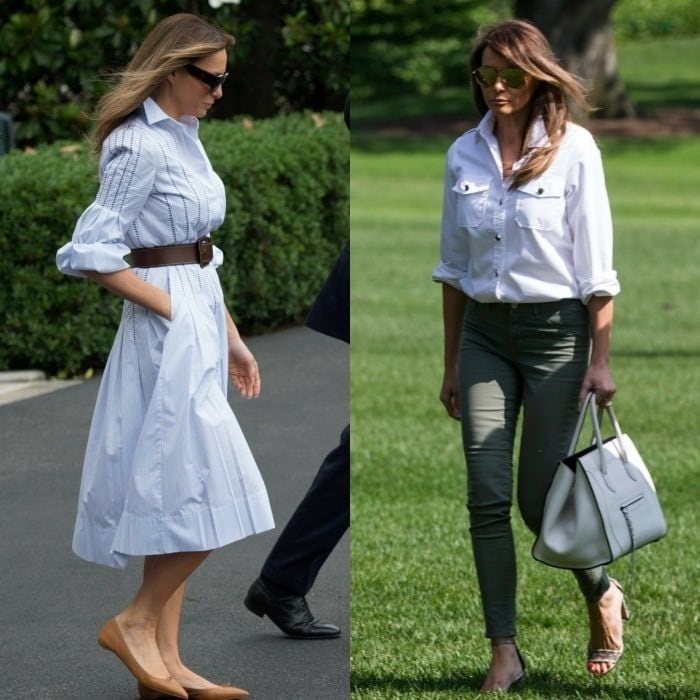 Melania departed the White House in June 2017 for her first trip to Camp David with her husband and son Barron Trump wearing a Gabriela Hearst embroidered cotton pin-striped dress, which she paired with beige Christian Louboutin flats and a wide leather belt by Michael Kors.
For her return to D.C., the first lady looked effortlessly chic sporting green skinny jeans and a white utility blouse. The mom-of-one accessorized her laid back look with Manolo Blahnik sandals and a Celine Luggage Phantom bag.
Photos: Molly Riley-Pool/Getty Images/Zach Gibson/Getty Images