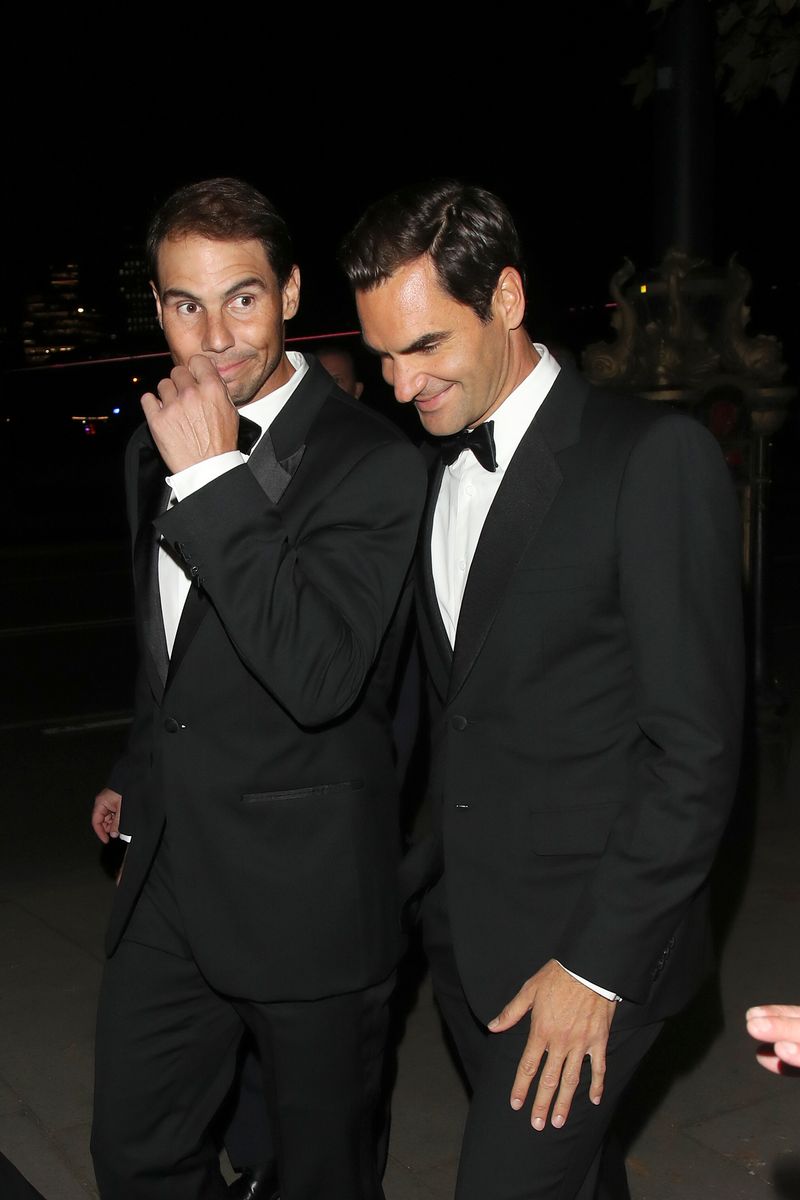 LONDON, ENGLAND - SEPTEMBER 22:  Rafael Nadal and Roger Federer seen attending Laver Cup 2022 dinner at Somerset House on September 22, 2022 in London, England. (Photo by Ricky Vigil M/GC Images)