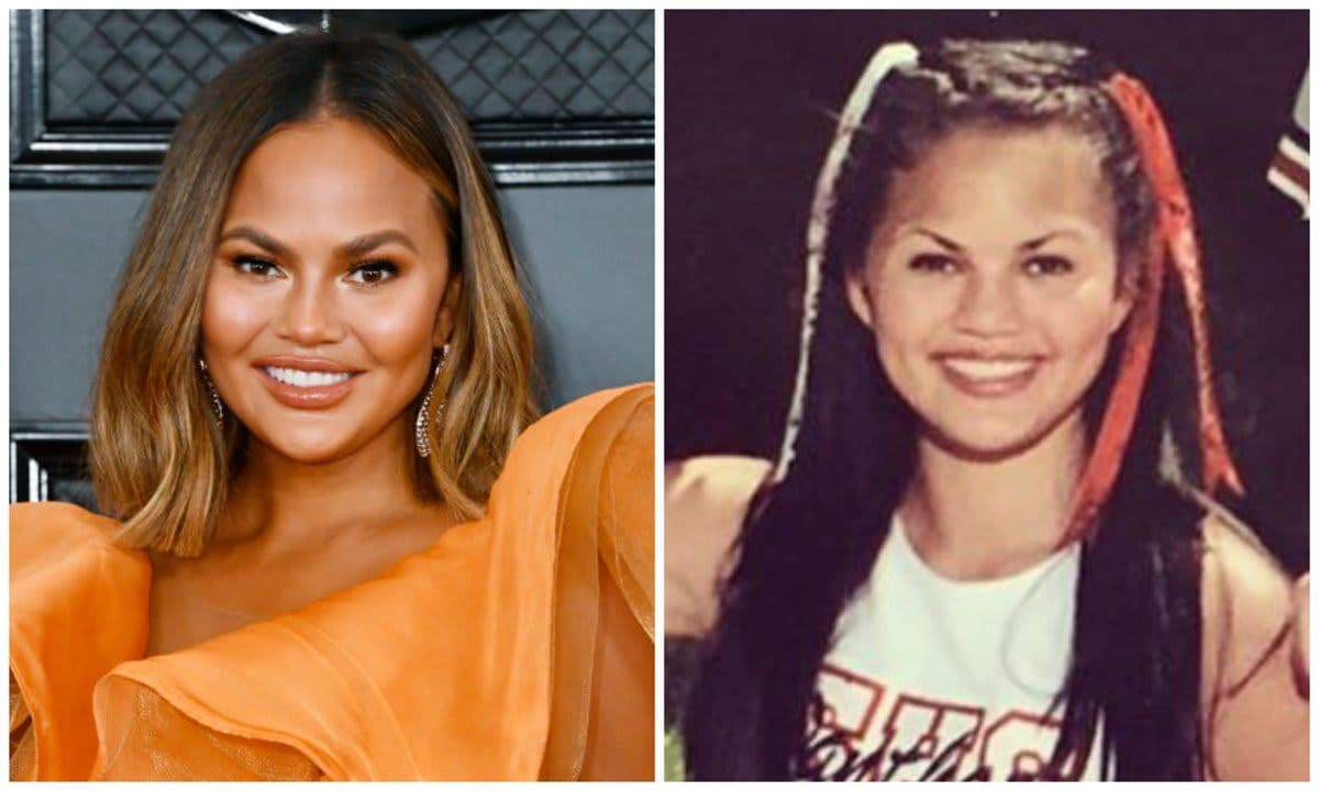 Chrissy Teigen has shoulder-length hair with blond highlights on the left, and long dark hair on the right